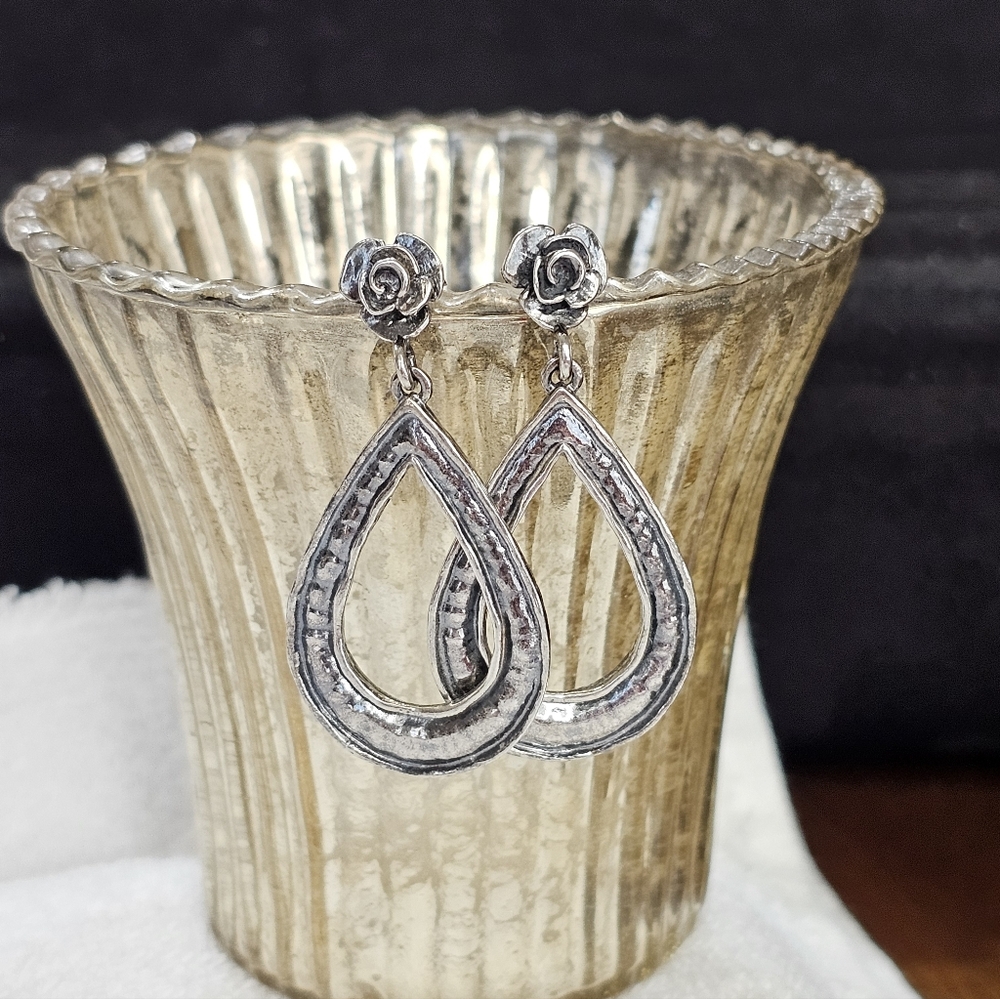 Or Paz PZ ISRAEL 925 Oxidized Hammered Silver Rose Flower Teardrop Post Earrings - Picture 3 of 9
